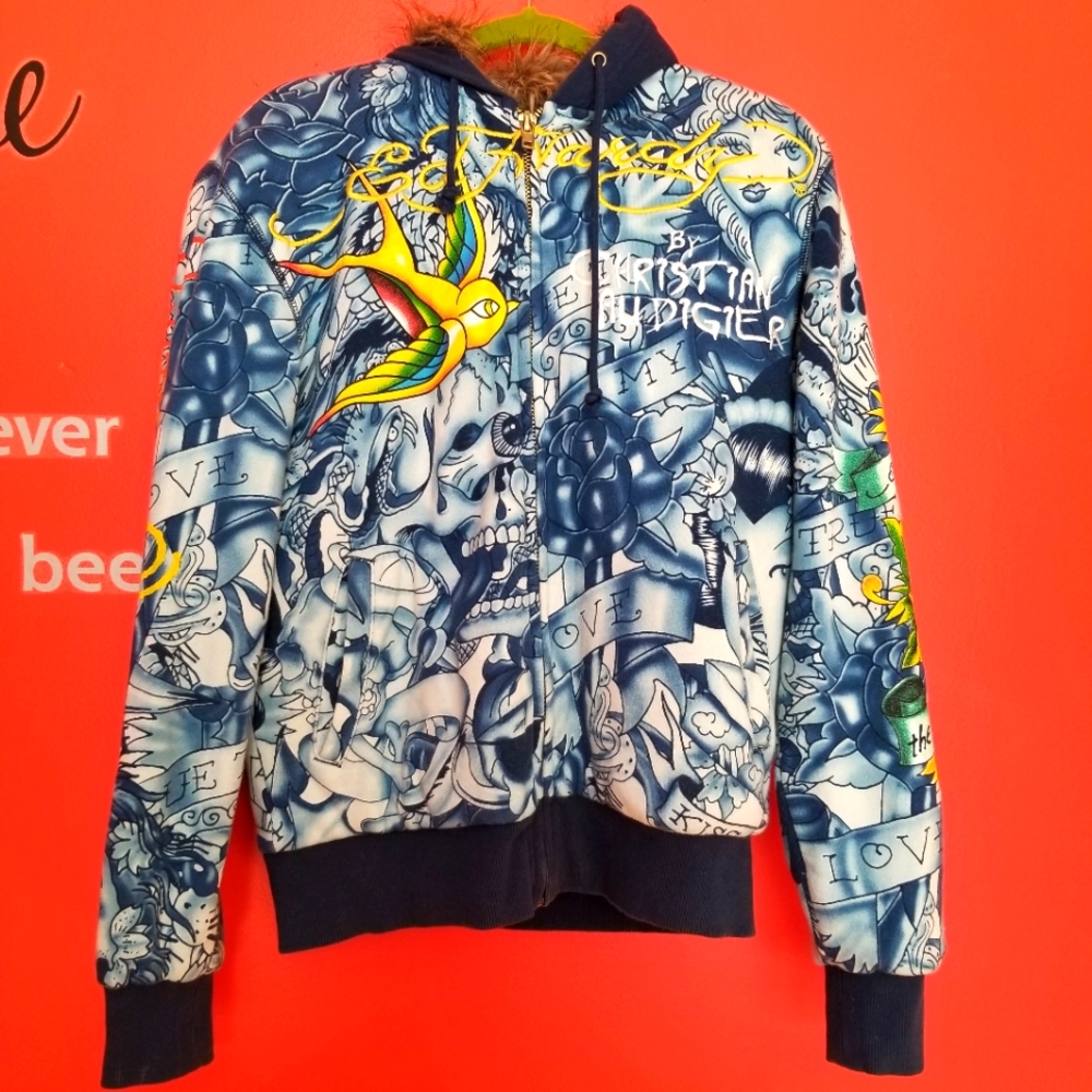Ed Hardy Christian Audigier cotton fur lined sweatshirt size small